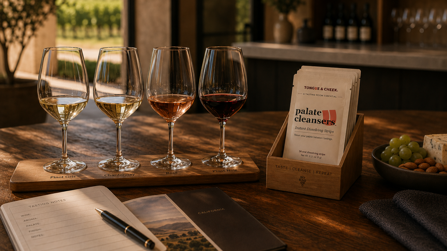 Wine tasting setup with glasses of wine, a palate cleanser packet, and a notebook on a wooden table.