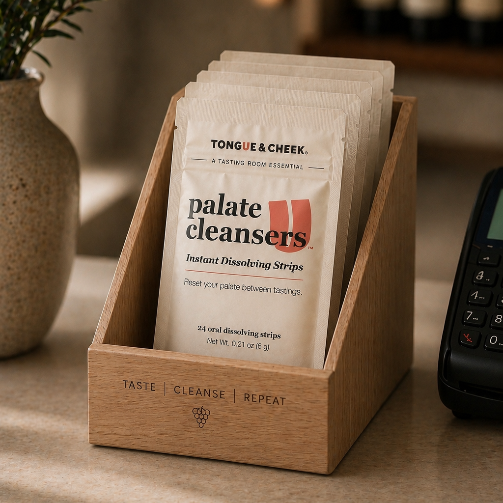 Wooden holder with palate cleansing strips on a table with a blurred background